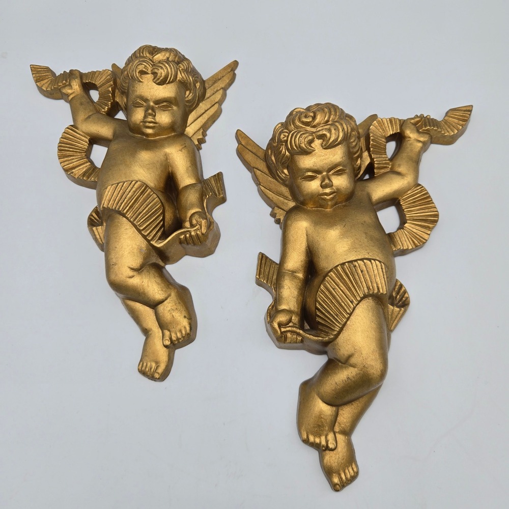 Vintage Burwood Cherubs Pair Wall Plaques Gold 1970 Hollywood Regency Plasic